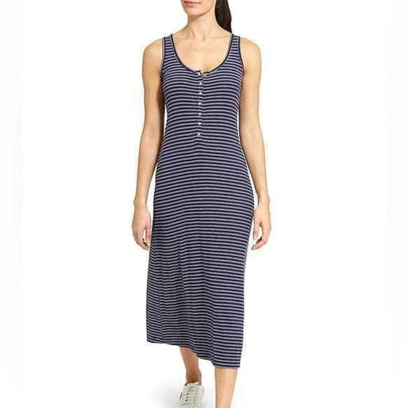Athleta Hermosa Henley Dress Size Medium Midi Length Navy Blue White Stripe Maxi - Picture 1 of 7
